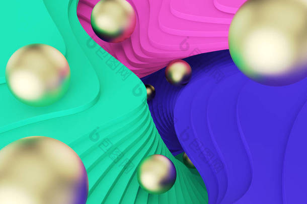 抽象背景。金色的球在绿色、粉<strong>红色</strong>和蓝色台阶上<strong>滚动</strong>。迷幻现实和平行的世界。3d 插图