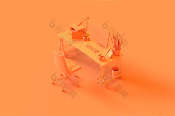 橙色当代<strong>办公</strong>室 3D 插图 3D 渲染