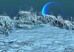冰冻的外星土地的幻想场景，蓝色月亮的背后. 