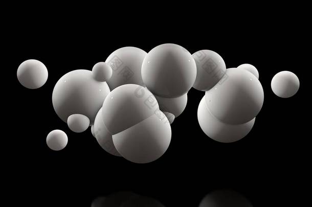 黑色<strong>背景</strong>上许多白色球的 3d 插图。球随机位于空间和发光。未来派、抽象理念、<strong>背景</strong>、具有完美表面的物体的 3d 渲染.