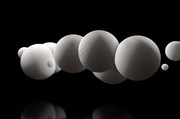 黑色背景上许多白色球的 3d 插图。球随机位于空间和发光。未来派、抽象理念、背景、具有完美表面的物体的 3d 渲染.
