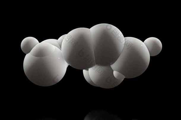 黑色背景上许多白色球的 3d 插图。球随机位于空间和发光。未来派、抽象理念、背景、具有完美表面的物体的 3d 渲染.