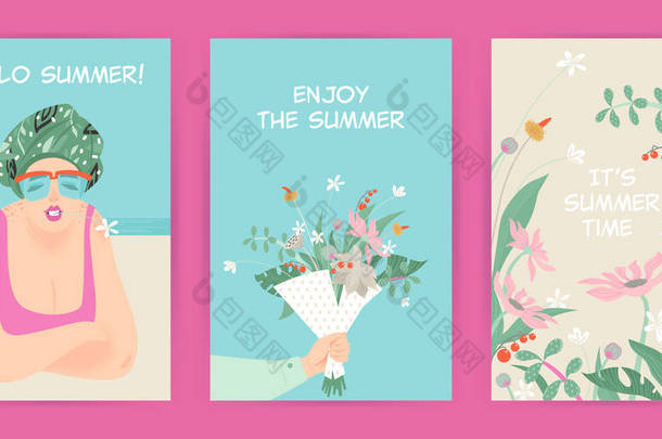 贺卡与夏季插花和可爱字符的插图