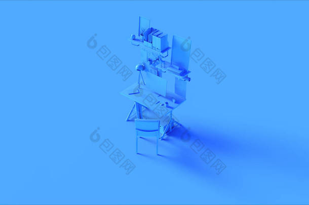 蓝色小型现代家庭办公室设置与书架挂钟计算器台灯文件3D插图3D渲染 