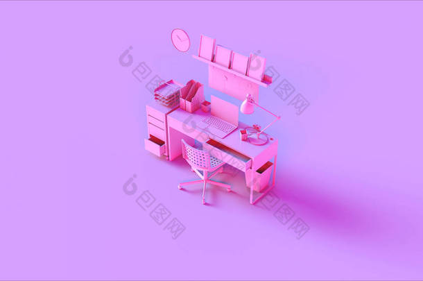 粉红色当代家庭<strong>办公</strong>室设置与书架现代计算机挂卡文件支架椅子和笔记本3D插图3D渲染 - 插图