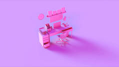 粉红色当代家庭办公室设置与书架现代计算机挂卡文件支架椅子和笔记本3D插图3D渲染 - 插图