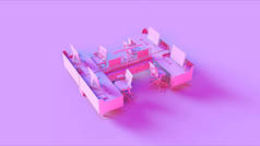 粉红色当代家庭办公室设置与书架现代计算机挂卡文件支架椅子和笔记本3D插图3D渲染 - 插图