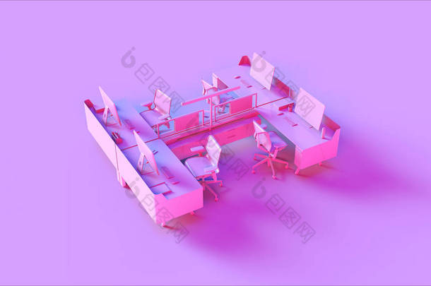 粉红色当代家庭<strong>办公</strong>室设置与书架现代计算机挂卡文件支架椅子和笔记本3D插图3D渲染 - 插图
