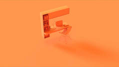 橙色当代简单家庭办公室设置与浮动书架和办公桌与笔记本电脑灯书籍3D插图3D渲染