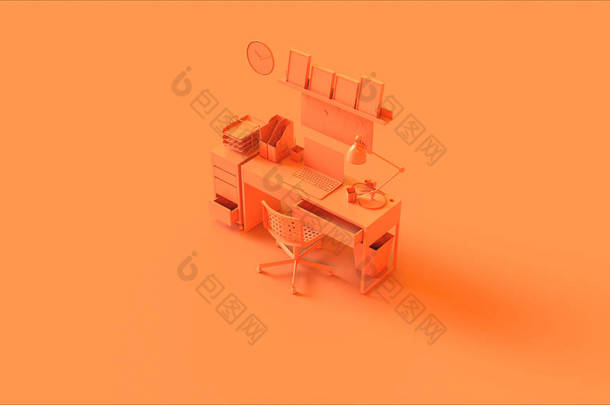 橙色当代家庭<strong>办公</strong>室设置与一套绘制架框框架笔记本电脑文件 3D 插图 3D 渲染