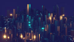 抽象发光的数字城市。商业摩天大楼。3d 渲染