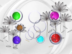 3d 插图，浅色背景，拱门，白色戒指，灰色的花朵从曲线，五颜六色的闪亮球