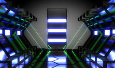 3d 抽象霓虹灯室。外星反应堆飞船。数据中心 conc