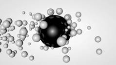 在一个大黑球周围的空间中，许多小球的3D渲染。化学相互作用的概念。未来主义，抽象的背景作文。在白色背景上隔离的图像.