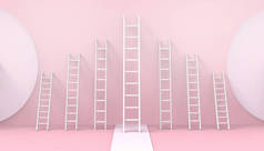 梯子 不同创意商业概念现代艺术在浅柔和的粉红色背景与阴影 - 3D渲染