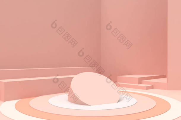 Podium 圆形 几何构图形状最小和现代概念 粉红色墙面在粉红色背景 - 3D 渲染