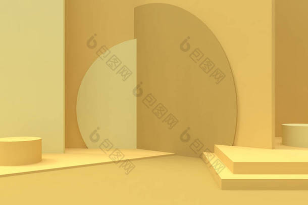 在黄色背景上，Podium <strong>几何</strong>圆和矩形合成形状最小和现代概念 <strong>艺术</strong>柔和的黄墙场景 - 3D 渲染