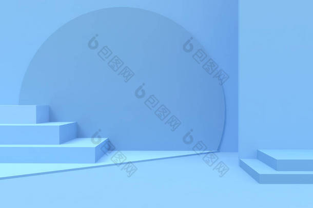 Podium <strong>几何</strong>构图形状最小和现代概念 <strong>艺术</strong>柔和的蓝色墙场景在蓝色背景 - 3D 渲染