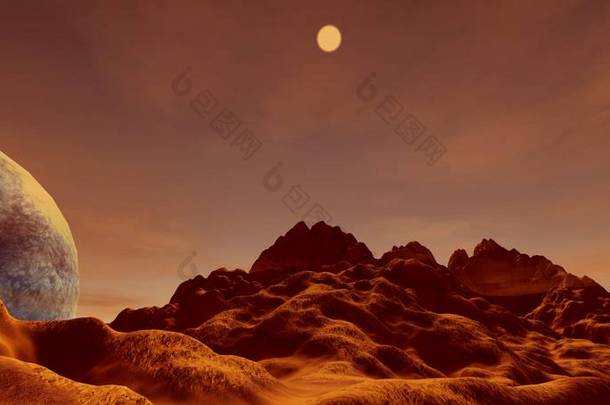 极其详细和现实的高分辨率3D插图的外星景观在火星上。红色<strong>星球</strong>这张图片的<strong>元素</strong>是由美国宇航局提供的.