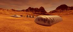 极其详细和现实的高分辨率3D插图的外星景观在火星上。红色星球上的人类殖民地. 