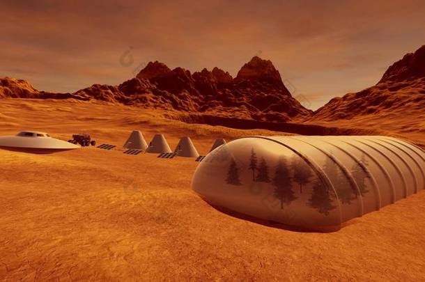极其详细和现实的高分辨率3D插图的外星景观在火星上。<strong>红色星球</strong>上的人类殖民地. 