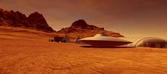 极其详细和现实的高分辨率3D插图的外星景观在火星上。红色星球上的飞碟. 