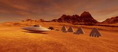 极其详细和现实的高分辨率3D插图的外星景观在火星上。红色星球上的飞碟. 