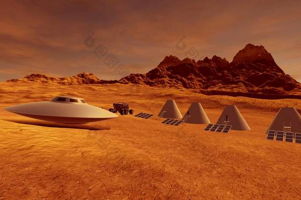极其详细和现实的高分辨率3D插图的外星景观在火星上。<strong>红色星球</strong>上的飞碟. 
