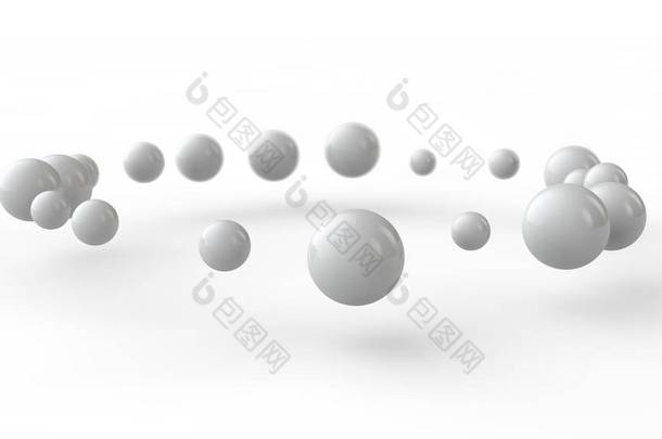 3d 插图许多小白球，球体排列在白色表面上方的环接收阴影。抽象背景的3D渲染，未来设计，完美的几何体.