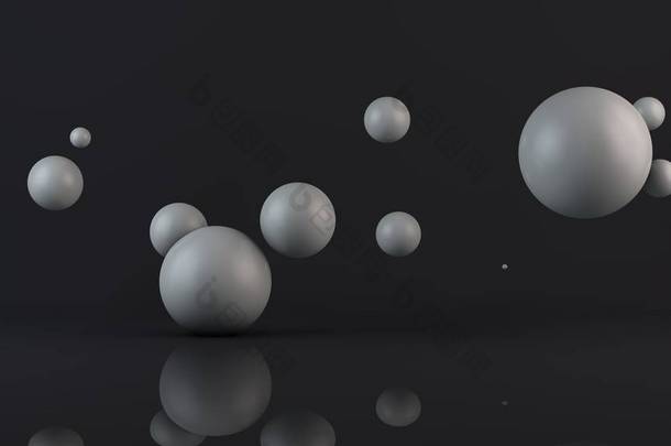许多白色球的3d插图。球体随机<strong>地</strong>位于反射表面上方的空间中。3d 渲染、抽象、抽象、未来背景.