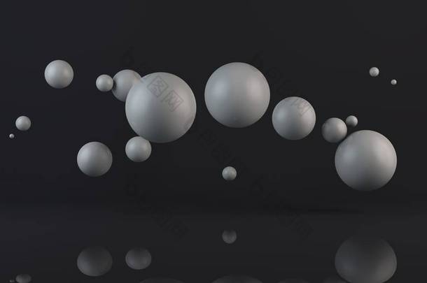 许多白色球的3d插图。球体随机地位于反射表面上方的空间中。3d 渲染、抽象、抽象、未来背景.