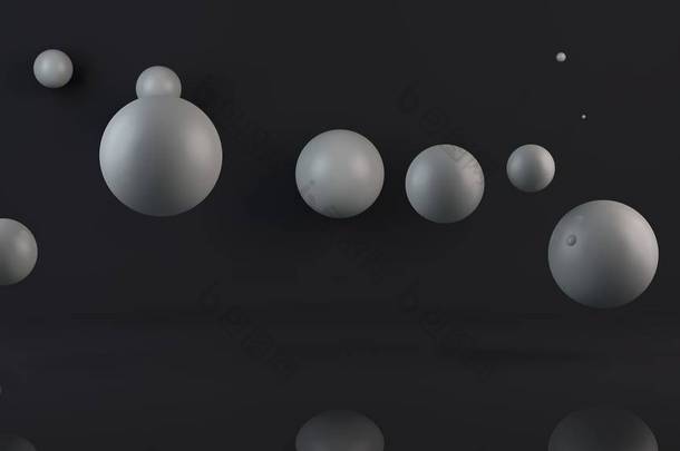 许多白色球的3d插图。<strong>球体</strong>随机地位于反射表面上方的空间中。3d 渲染、<strong>抽象</strong>、<strong>抽象</strong>、未来背景.