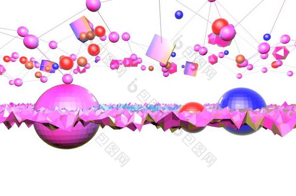 3d 曲面为 3d 低多边形抽象几何背景，具有现代渐变颜色、红色蓝色紫色和 3D 对象网格。12