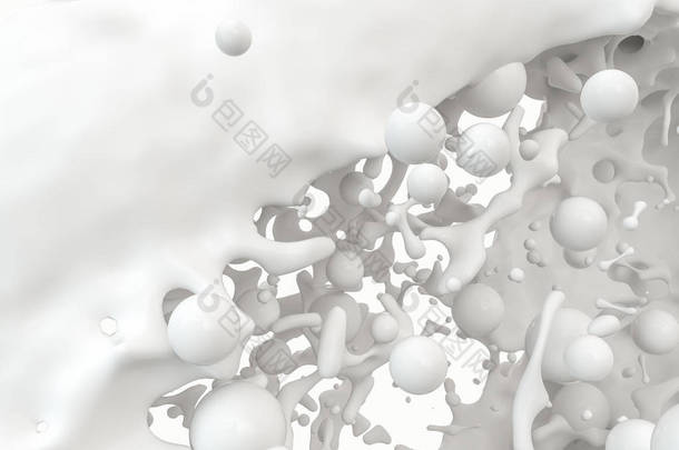 纯度飞溅牛奶与飞球,3D渲染.