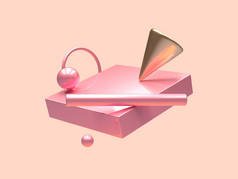 最小场景粉红色金色金属几何形状悬浮3D渲染抽象符号