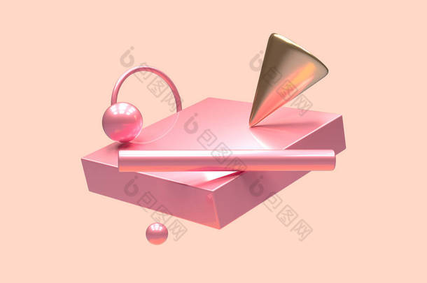最小场景粉红色金色金属几何形状悬浮3D渲染抽象符号