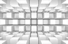 3D渲染。现代未来派白色方块方块盒堆砌墙和地板设计艺术背景.