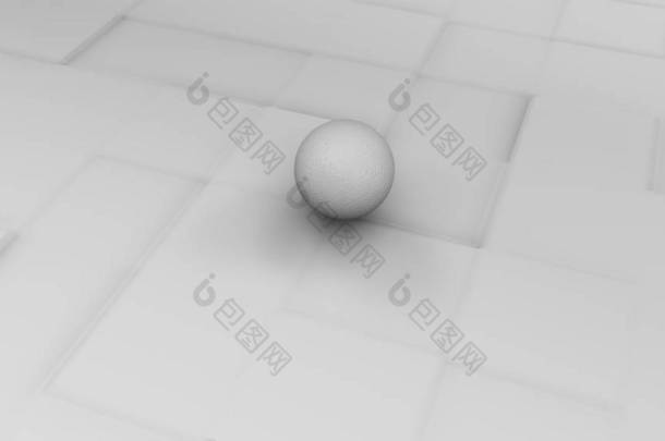 3d 白色表面的白色球体，带有立方浮雕。未来设计，桌面的抽象背景。在曲面上混沌几何排列的 3d 渲染.