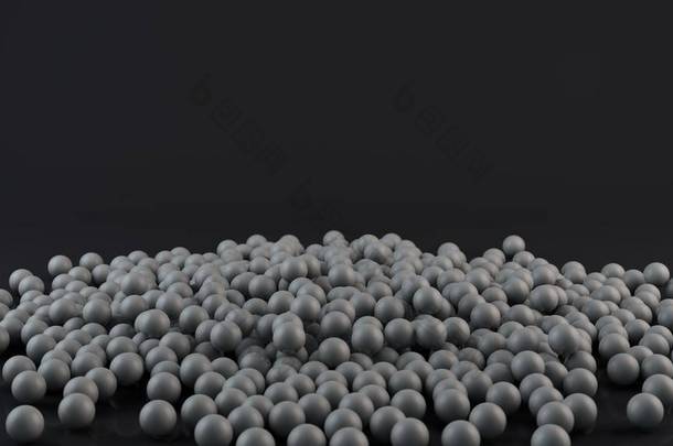 3d 渲染<strong>大</strong>量的银和铬球在一堆，球体分散在黑色反射表面。未来背景的3d插图，桌面<strong>屏</strong>幕保护程序，抽象构图.