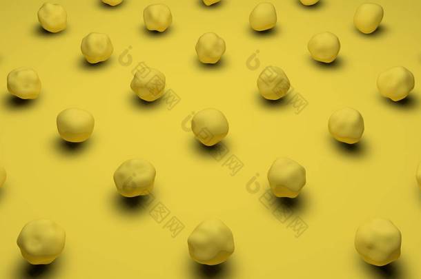 在黄色遮罩背景上，用波浪面渲染一组黄色球形对象。桌面背景的图像。抽象，未来设计的3D插图.