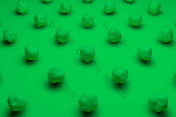 在绿色遮罩背景上具有波浪面的一组绿色球形对象的 3d 渲染。<strong>桌面背景</strong>的图像。抽象，未来设计的3D插图.