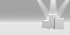 在白色背景上由聚光灯照亮的讲台、底座或平台白色。简单几何形状的抽象插图。3d 渲染.