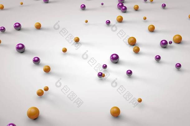 3d 渲染在白色镜玻璃地板上的玻璃光泽彩色球的特写