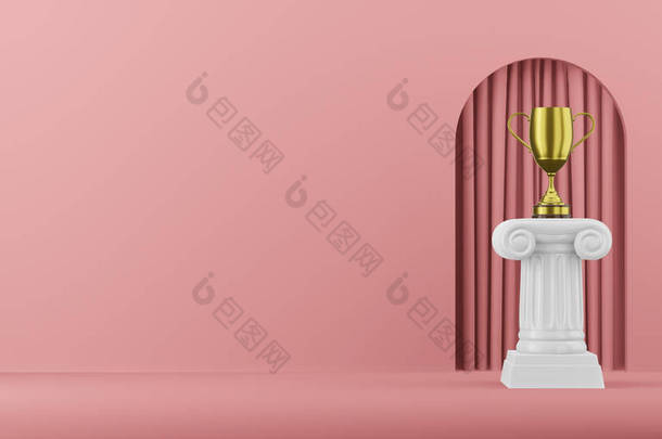 抽象的讲台柱与金色的奖杯在粉红色的背景与拱门。胜利基座是一个极简主义的概念。3d 渲染.