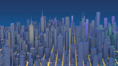市中心的摩天大楼。城市与辉光线道路和数字元素。3d 渲染