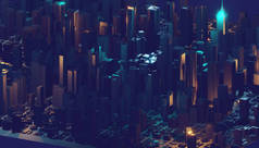 由发光线光构成的数字抽象城市。商业摩天大楼。发光线条和颗粒的建筑技术结构。连接的概念。3d渲染