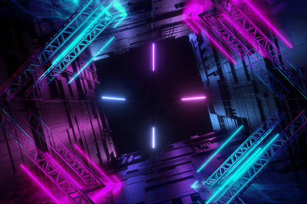 激光霓虹灯发光线紫色蓝色未来派科幻隧道莫
