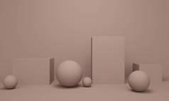 几何浅棕色抽象背景，带方形平台和球。3d 渲染