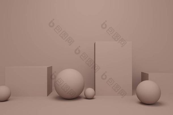 几何浅棕色抽象背景，带方形平台和球。3d 渲染