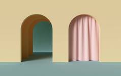 3d 渲染,抽象简约几何背景,建筑概念,黄墙内拱,粉红色窗帘,纸层